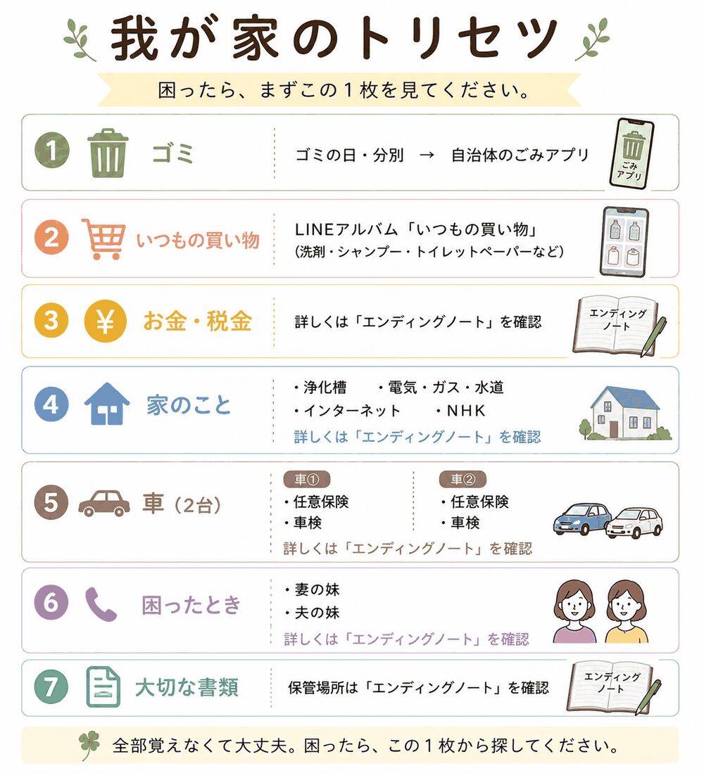 我が家のトリセツ（案内板）ゴミ・いつもの買い物・お金・家のこと・車・困ったとき・大切な書類の7項目と、その行き先を書いた1枚