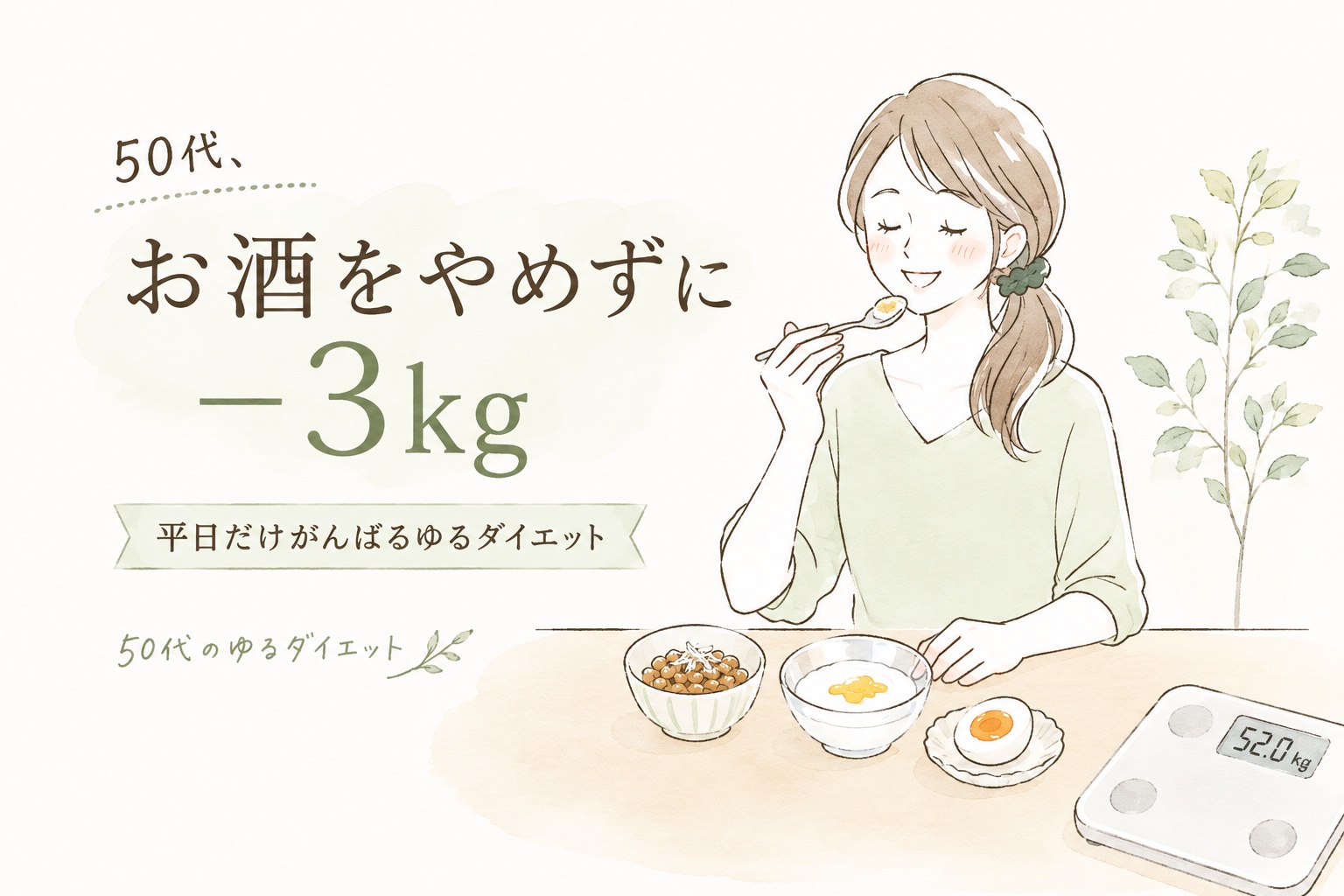 朝ごはんの納豆・ヨーグルト・煮卵と、体重計に52.0kgと表示された50代女性