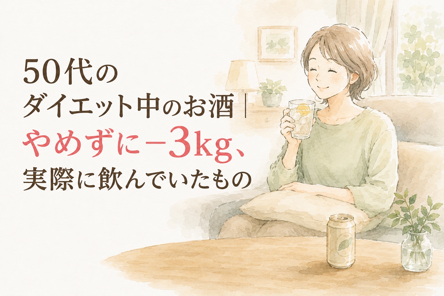 ソファでハイボールのグラスを持つ50代女性と、テーブルの上の缶